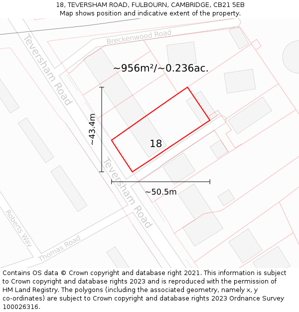 18, TEVERSHAM ROAD, FULBOURN, CAMBRIDGE, CB21 5EB: Plot and title map