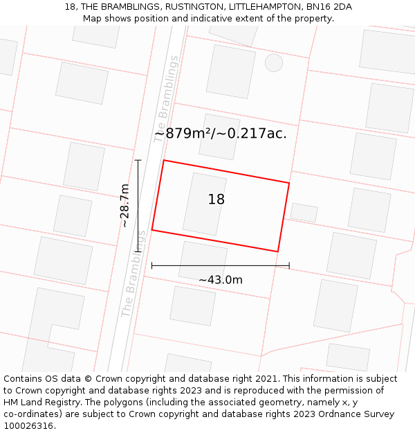 18, THE BRAMBLINGS, RUSTINGTON, LITTLEHAMPTON, BN16 2DA: Plot and title map