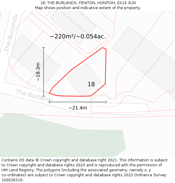 18, THE BURLANDS, FENITON, HONITON, EX14 3UN: Plot and title map