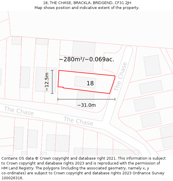 18, THE CHASE, BRACKLA, BRIDGEND, CF31 2JH: Plot and title map