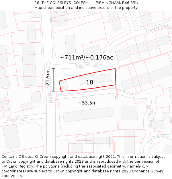 18, THE COLESLEYS, COLESHILL, BIRMINGHAM, B46 3BU: Plot and title map