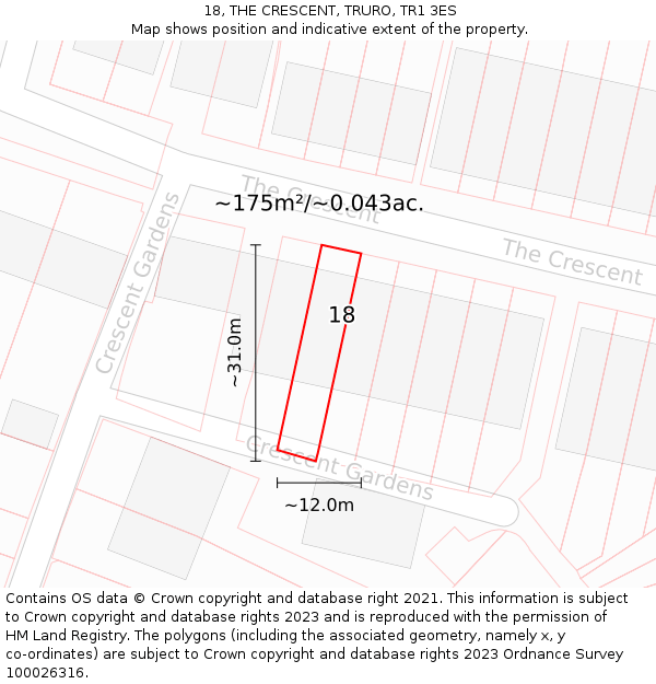 18, THE CRESCENT, TRURO, TR1 3ES: Plot and title map
