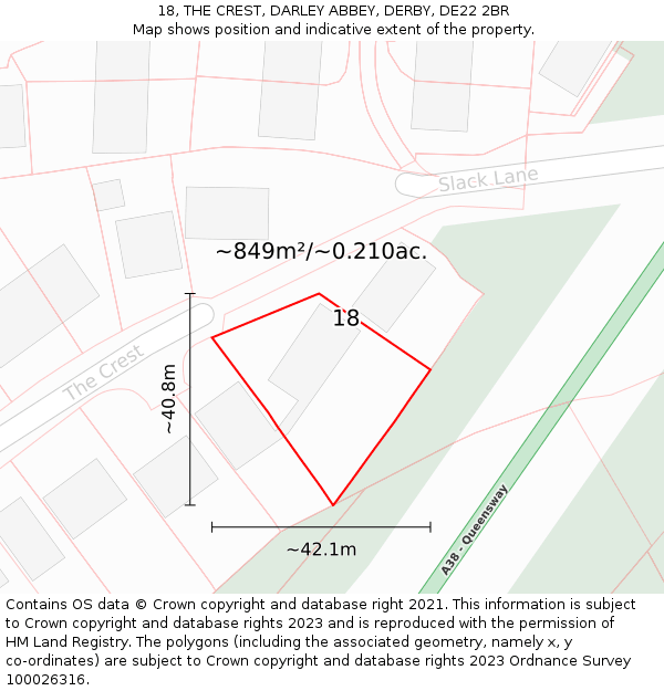 18, THE CREST, DARLEY ABBEY, DERBY, DE22 2BR: Plot and title map