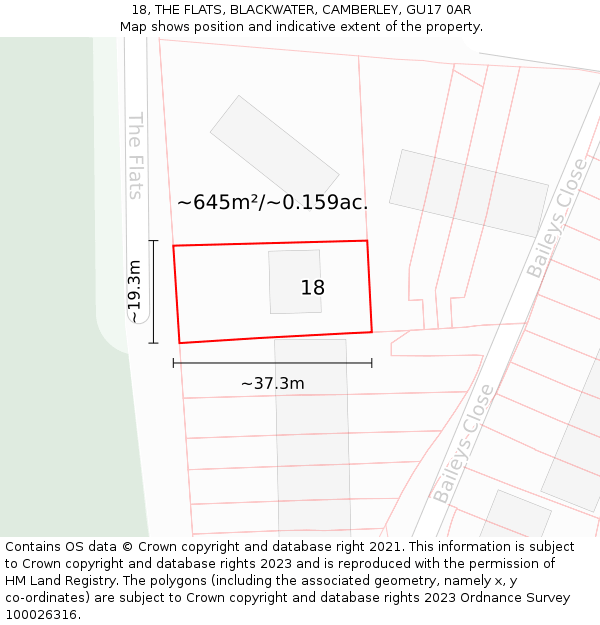 18, THE FLATS, BLACKWATER, CAMBERLEY, GU17 0AR: Plot and title map