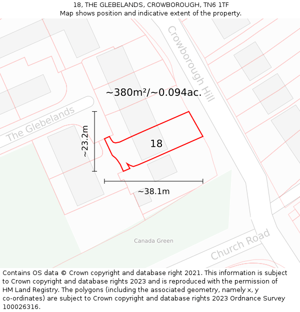 18, THE GLEBELANDS, CROWBOROUGH, TN6 1TF: Plot and title map