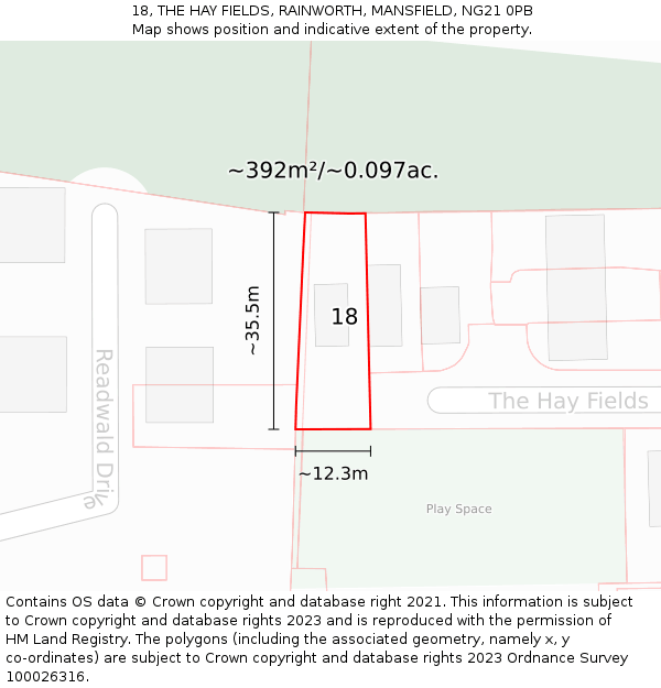 18, THE HAY FIELDS, RAINWORTH, MANSFIELD, NG21 0PB: Plot and title map