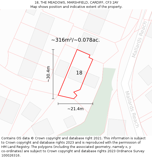 18, THE MEADOWS, MARSHFIELD, CARDIFF, CF3 2AY: Plot and title map