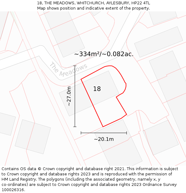 18, THE MEADOWS, WHITCHURCH, AYLESBURY, HP22 4TL: Plot and title map