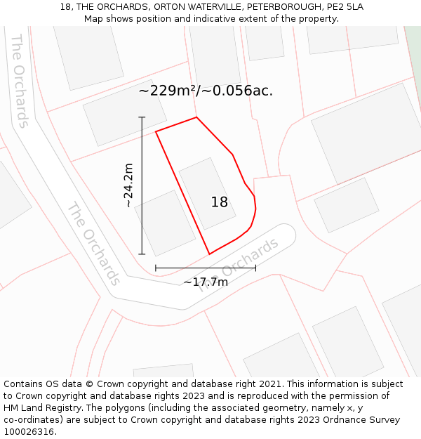18, THE ORCHARDS, ORTON WATERVILLE, PETERBOROUGH, PE2 5LA: Plot and title map
