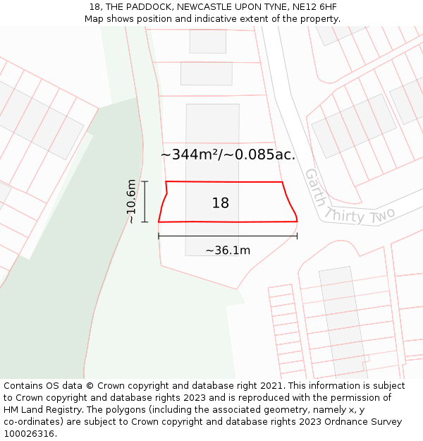 18, THE PADDOCK, NEWCASTLE UPON TYNE, NE12 6HF: Plot and title map