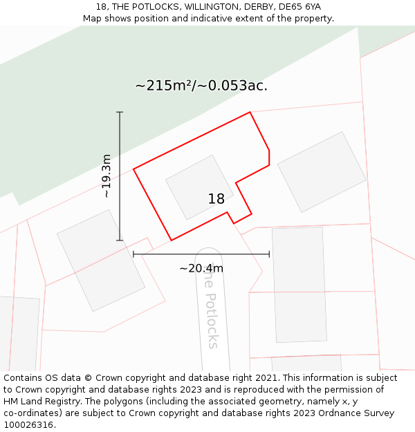 18, THE POTLOCKS, WILLINGTON, DERBY, DE65 6YA: Plot and title map