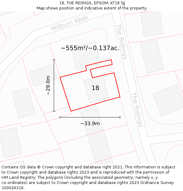 18, THE RIDINGS, EPSOM, KT18 5JJ: Plot and title map