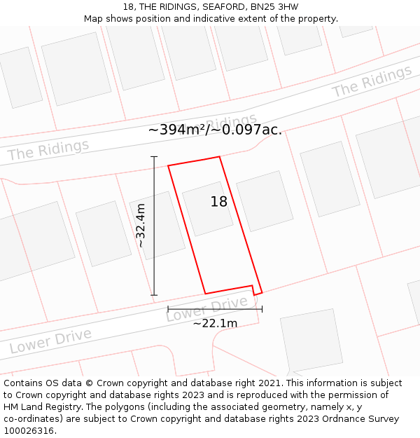 18, THE RIDINGS, SEAFORD, BN25 3HW: Plot and title map