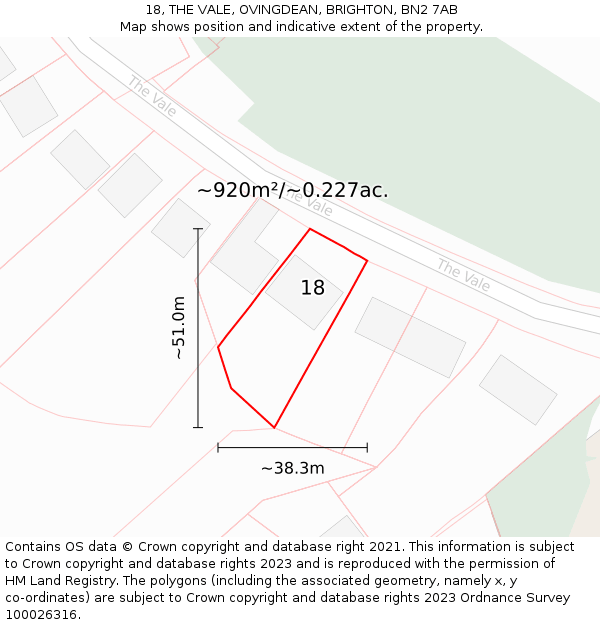 18, THE VALE, OVINGDEAN, BRIGHTON, BN2 7AB: Plot and title map