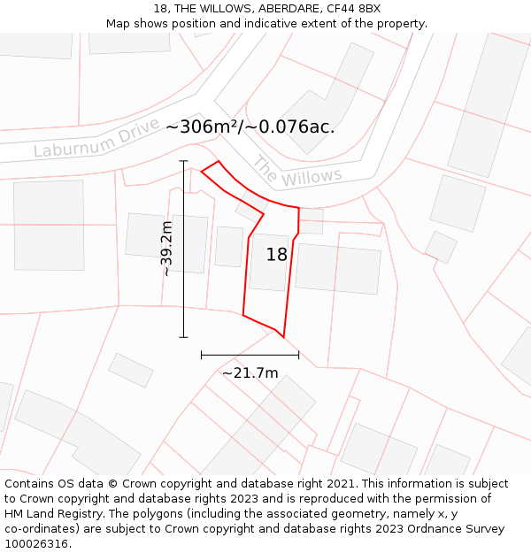18, THE WILLOWS, ABERDARE, CF44 8BX: Plot and title map