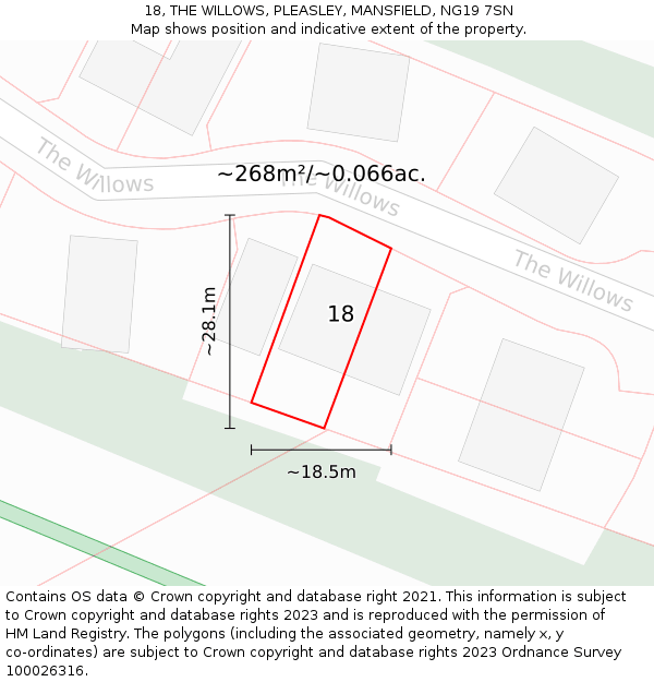 18, THE WILLOWS, PLEASLEY, MANSFIELD, NG19 7SN: Plot and title map