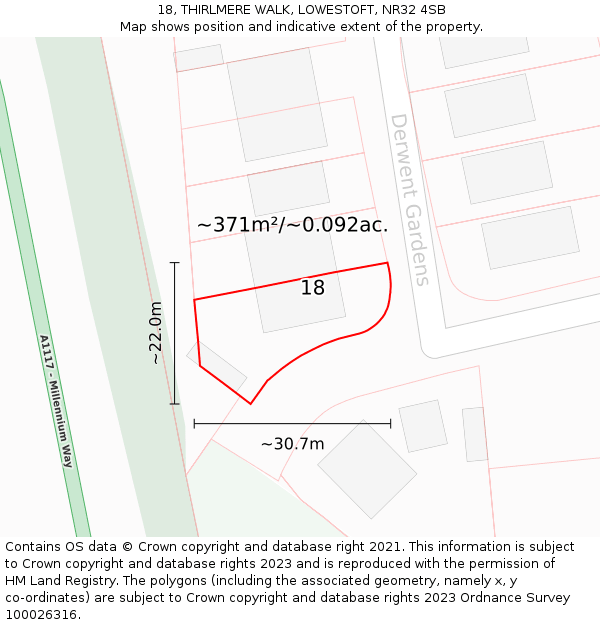 18, THIRLMERE WALK, LOWESTOFT, NR32 4SB: Plot and title map