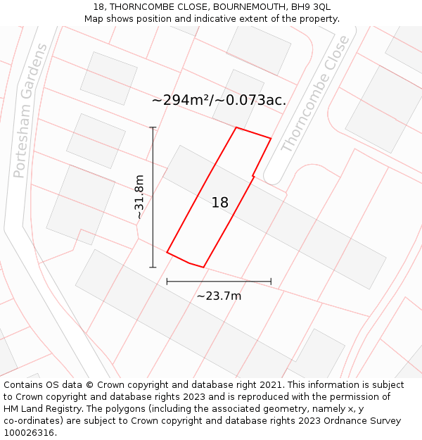 18, THORNCOMBE CLOSE, BOURNEMOUTH, BH9 3QL: Plot and title map