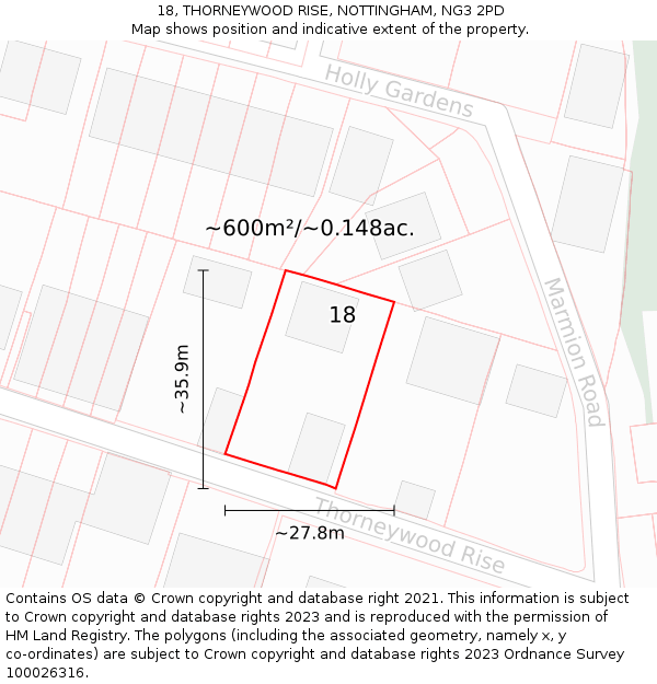 18, THORNEYWOOD RISE, NOTTINGHAM, NG3 2PD: Plot and title map