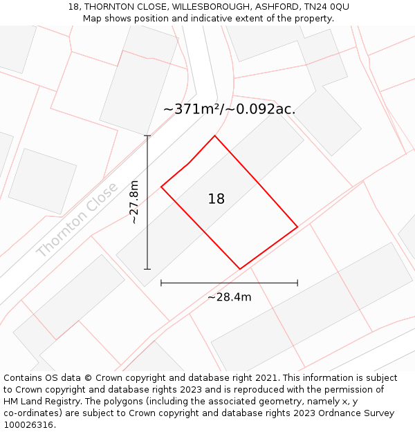 18, THORNTON CLOSE, WILLESBOROUGH, ASHFORD, TN24 0QU: Plot and title map