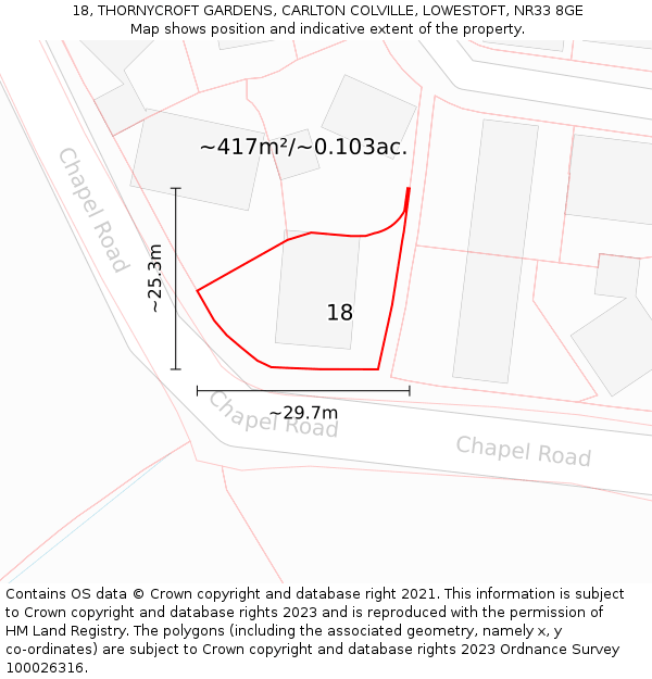 18, THORNYCROFT GARDENS, CARLTON COLVILLE, LOWESTOFT, NR33 8GE: Plot and title map
