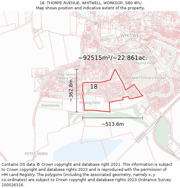 18, THORPE AVENUE, WHITWELL, WORKSOP, S80 4PU: Plot and title map