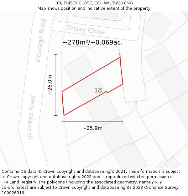 18, TINSEY CLOSE, EGHAM, TW20 8NG: Plot and title map