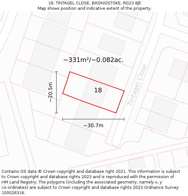 18, TINTAGEL CLOSE, BASINGSTOKE, RG23 8JE: Plot and title map