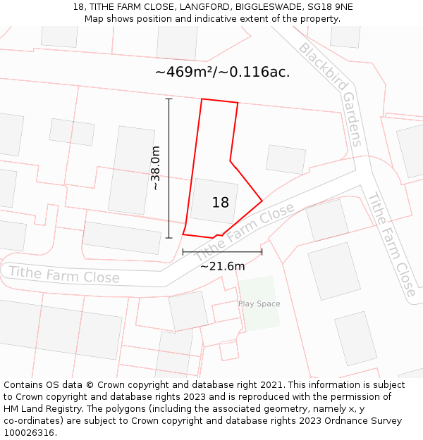 18, TITHE FARM CLOSE, LANGFORD, BIGGLESWADE, SG18 9NE: Plot and title map