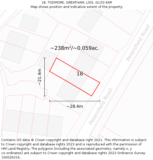 18, TODMORE, GREATHAM, LISS, GU33 6AR: Plot and title map