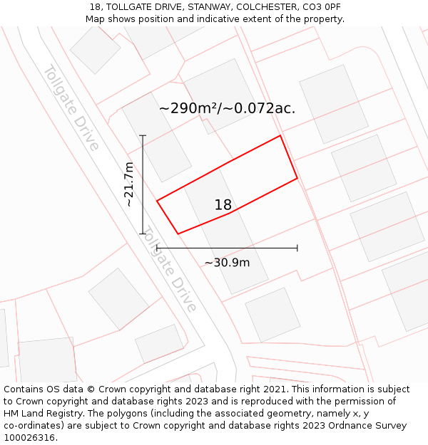 18, TOLLGATE DRIVE, STANWAY, COLCHESTER, CO3 0PF: Plot and title map