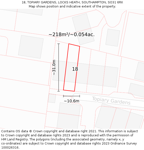 18, TOPIARY GARDENS, LOCKS HEATH, SOUTHAMPTON, SO31 6RX: Plot and title map