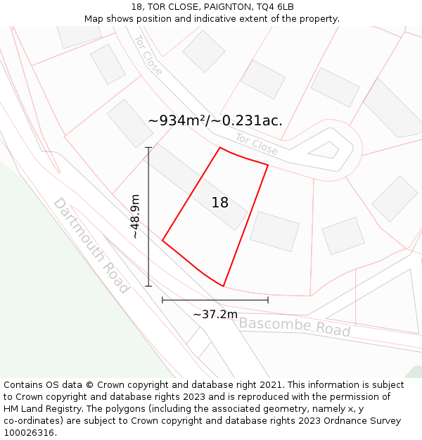 18, TOR CLOSE, PAIGNTON, TQ4 6LB: Plot and title map