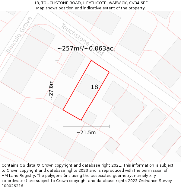 18, TOUCHSTONE ROAD, HEATHCOTE, WARWICK, CV34 6EE: Plot and title map