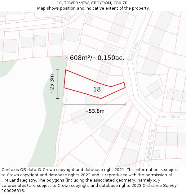 18, TOWER VIEW, CROYDON, CR0 7PU: Plot and title map