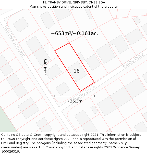 18, TRANBY DRIVE, GRIMSBY, DN32 8QA: Plot and title map