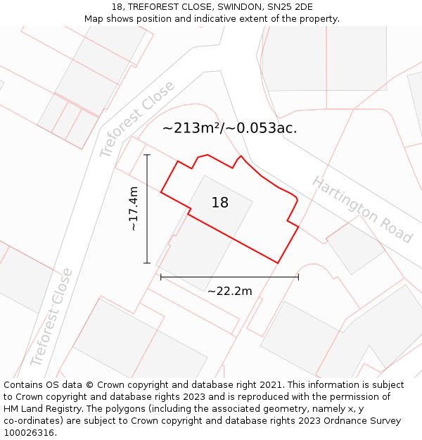18, TREFOREST CLOSE, SWINDON, SN25 2DE: Plot and title map