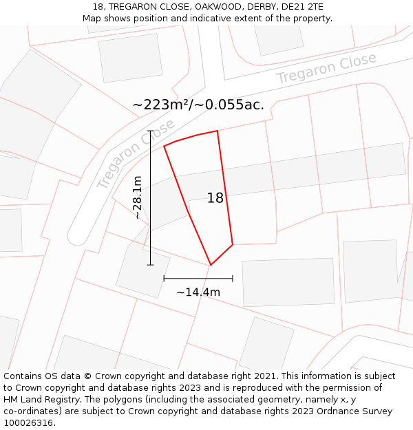 18, TREGARON CLOSE, OAKWOOD, DERBY, DE21 2TE: Plot and title map