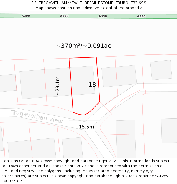 18, TREGAVETHAN VIEW, THREEMILESTONE, TRURO, TR3 6SS: Plot and title map