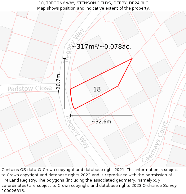 18, TREGONY WAY, STENSON FIELDS, DERBY, DE24 3LG: Plot and title map
