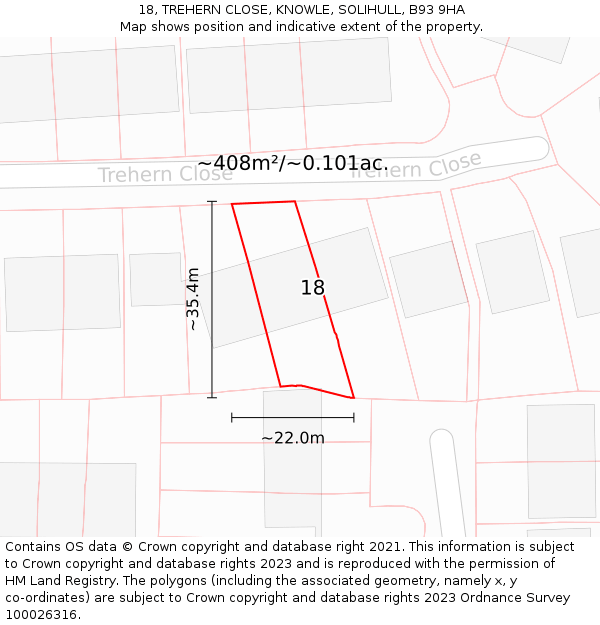 18, TREHERN CLOSE, KNOWLE, SOLIHULL, B93 9HA: Plot and title map