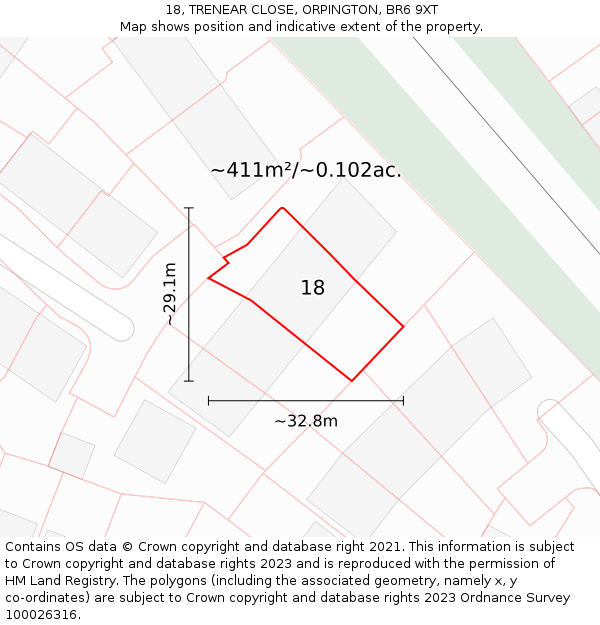 18, TRENEAR CLOSE, ORPINGTON, BR6 9XT: Plot and title map