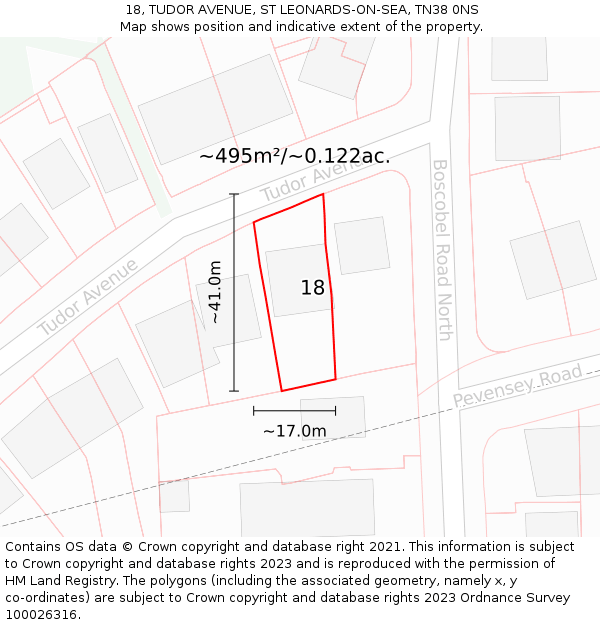 18, TUDOR AVENUE, ST LEONARDS-ON-SEA, TN38 0NS: Plot and title map