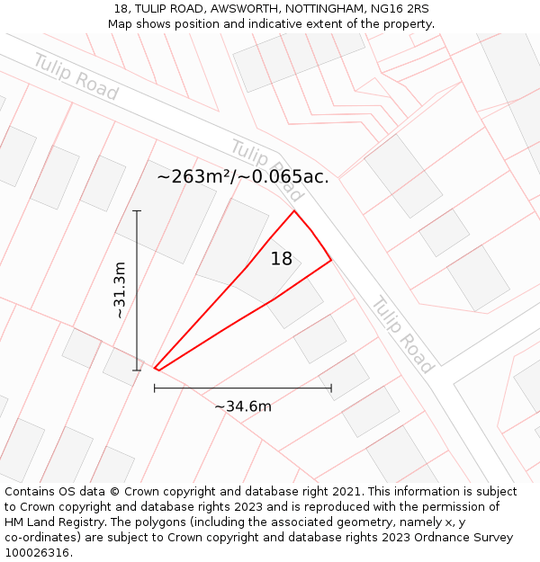 18, TULIP ROAD, AWSWORTH, NOTTINGHAM, NG16 2RS: Plot and title map