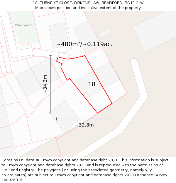 18, TURNPIKE CLOSE, BIRKENSHAW, BRADFORD, BD11 2LW: Plot and title map
