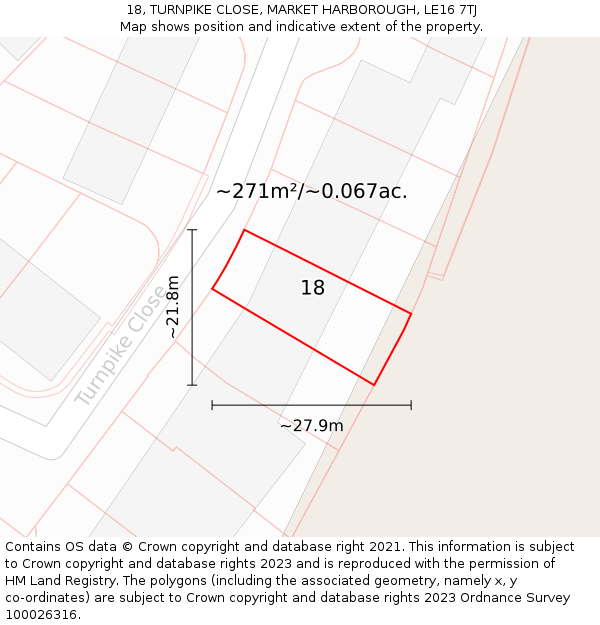 18, TURNPIKE CLOSE, MARKET HARBOROUGH, LE16 7TJ: Plot and title map