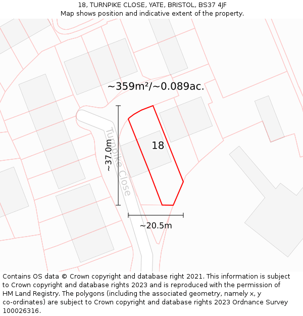 18, TURNPIKE CLOSE, YATE, BRISTOL, BS37 4JF: Plot and title map