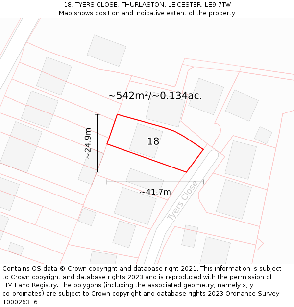 18, TYERS CLOSE, THURLASTON, LEICESTER, LE9 7TW: Plot and title map