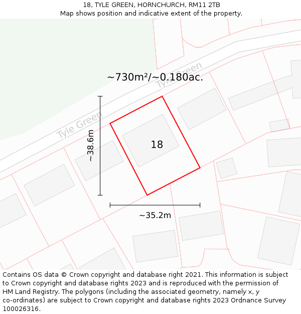 18, TYLE GREEN, HORNCHURCH, RM11 2TB: Plot and title map