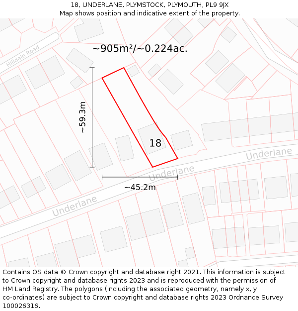 18, UNDERLANE, PLYMSTOCK, PLYMOUTH, PL9 9JX: Plot and title map